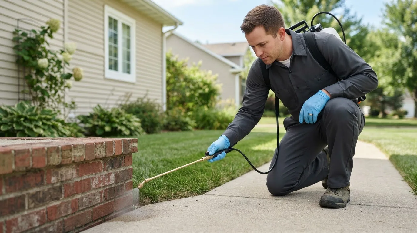Pest control technician treating a home near Johns Creek, GA